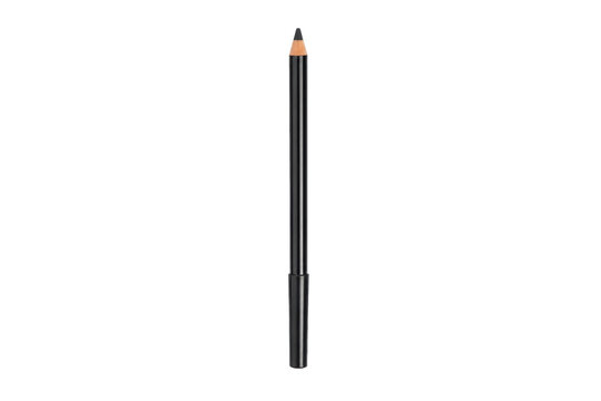 Single black eyeliner pencil with a sharpened tip stands upright on a clean white background, ready for makeup application