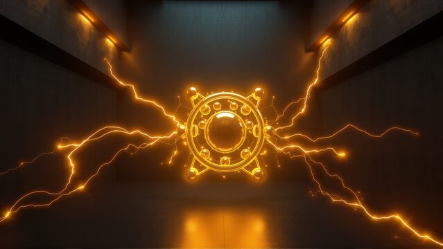 Dark room features ornate golden gear emitting bright orange energy. Walls glow subtly, creating dramatic lighting effect. Futuristic, industrial aesthetic.