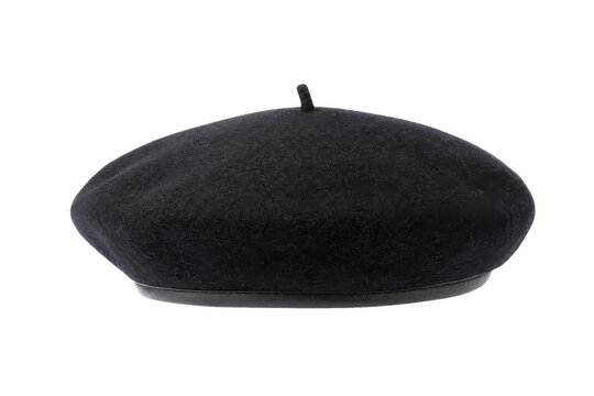 Classic black wool beret with a small stem on top, photographed on a clean white background with soft studio lighting