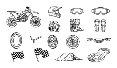 Fototapeta premium Motocross Dirt Bike Line Art Icon Set with Helmet Gear and Racing Equipment