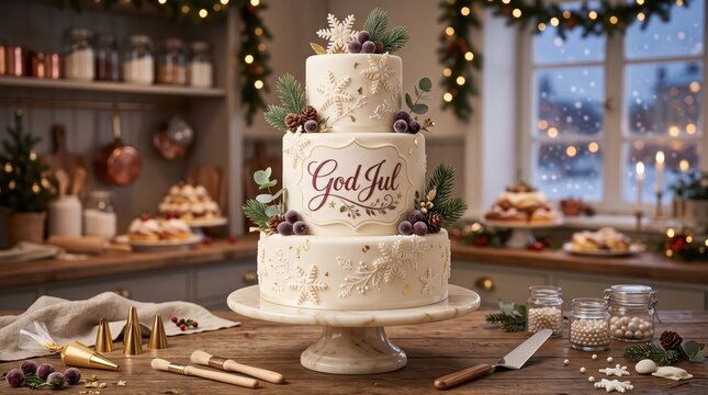 Ultra-realistic Swedish Christmas greeting card featuring elegant hand-painted &ldquo;God Jul&rdquo; lettering on a luxurious Scandinavian Christmas cake decorated with white chocolate, sugar snowflakes, burgundy