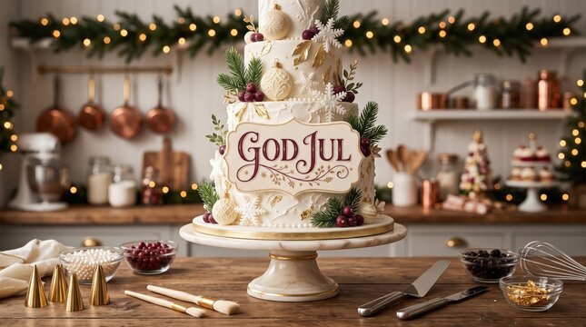 Ultra-realistic Swedish Christmas greeting card featuring elegant hand-painted &ldquo;God Jul&rdquo; lettering on a luxurious Scandinavian Christmas cake decorated with white chocolate, sugar snowflakes, burgundy