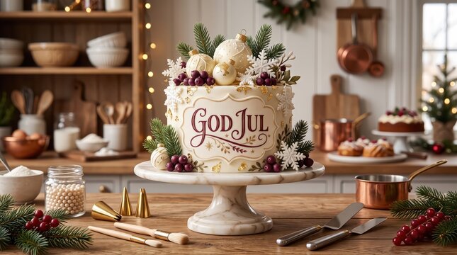 Ultra-realistic Swedish Christmas greeting card featuring elegant hand-painted &ldquo;God Jul&rdquo; lettering on a luxurious Scandinavian Christmas cake decorated with white chocolate, sugar snowflakes, burgundy