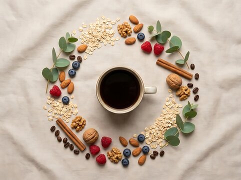 A cup of black coffee surrounded by a circular frame of fresh berries nuts oats and cinnamon sticks. decaf health perks