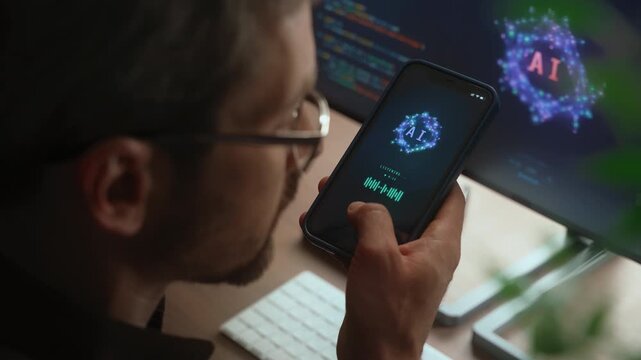 Close up of a man using an AI personal assistant app on a smartphone with speech recognition while working at a computer desk. Artificial intelligence usage for work and daily tasks. 