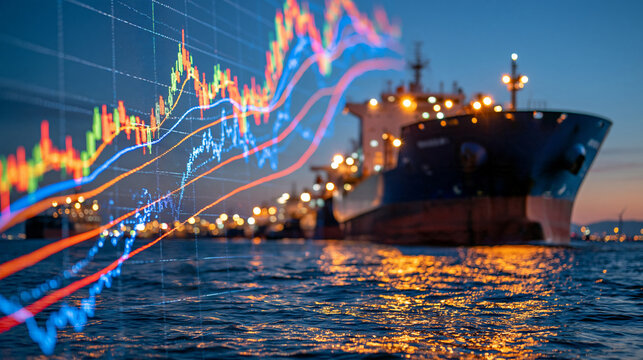Cinematic financial editorial concept showing oil market volatility through sharply ascending digital stock chart lines combined with a distant queue of oil tankers navigating a congested strategic 