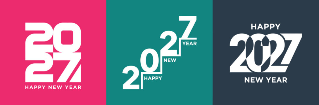 A collection of creative typography designs for happy new year 2027 celebration greeting cards and festive holiday event posters