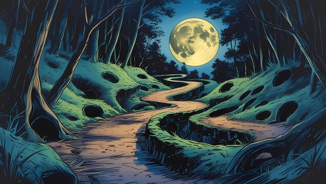 月明かりが照らす夜の森の小道