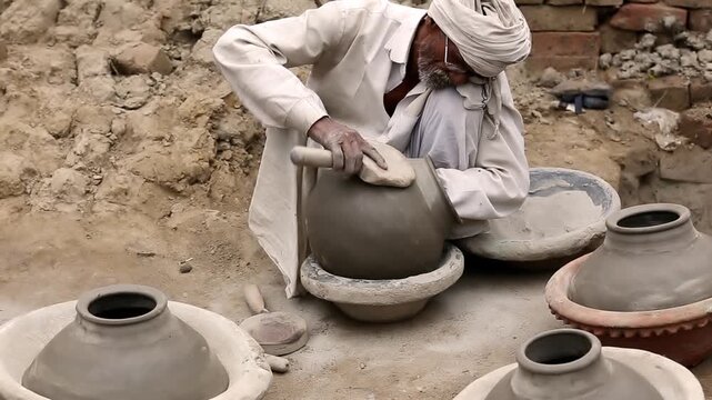 Old Indian potter&rsquo;s skilled hand shaping a Pot at his workshop near Brick wall