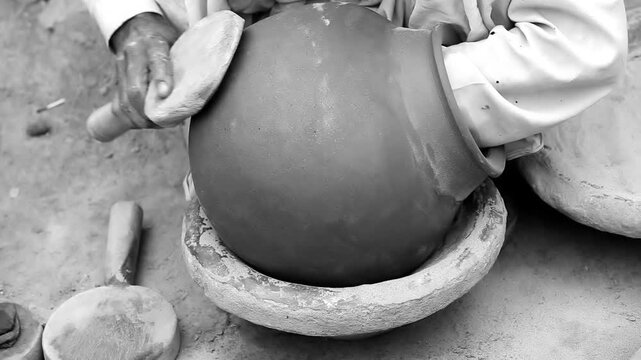 Old Indian potter&rsquo;s skilled hand shaping a Pot at his workshop near Brick wall