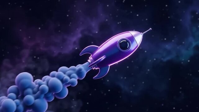 3D rocket launch startup business boost concept. Purple spaceship flying up with smoke cloud. Futuristic tech innovation project success background.