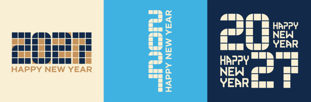 Set of three modern creative graphic designs for happy new year 2027 celebration with bold typography and colorful geometric patterns