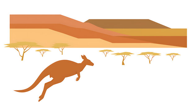 Flat vector illustration of a kangaroo jumping in the Australian outback desert landscape with red earth, rock formations, and acacia trees. 