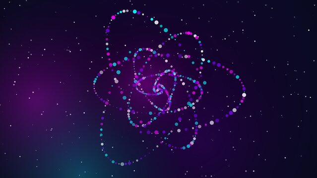 Abstract glowing particle spiral on dark purple background with cyan magenta and violet dots swirling in space
