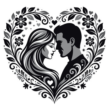 romantic couple portrait silhouette face to face profile enclosed within ornate heart shaped floral wreath vine filigree baroque scrollwork monochrome linocut wedding emblem logo
