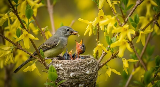 Mother Bird Feeding Chicks in a Spring Flowering Bush