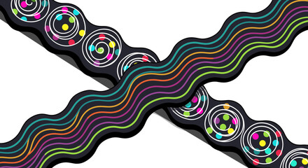 Obraz premium Wavy Ribbon Border, intersecting black decorative bands decorated colorful swirls and stripes 