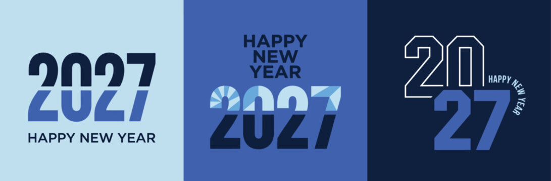 A collection of modern blue and dark themed graphic designs for the upcoming happy new year 2027 celebration event