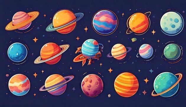 A vector-style flat design graphic set of cute cartoon space elements and solar system planets isolated on a dark blue background