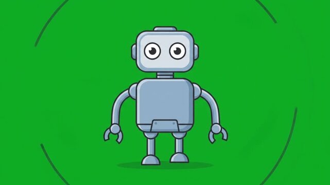 A small, retro-style robot with big eyes stands isolated on a bright green background, emitting a subtle circular aura.
