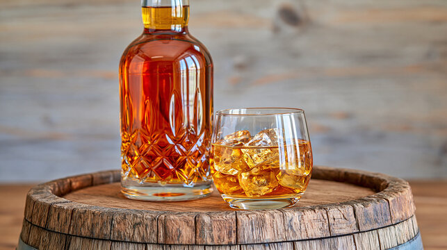 Elegant amber whiskey bottle and tumbler filled with ice positioned on a rustic oak barrel, bright minimalist background, soft balanced lighting, detailed glass reflections and warm spirit tones, lu