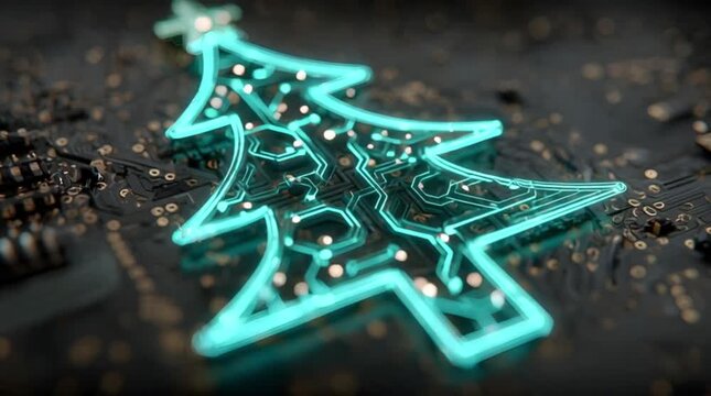 Glowing cyan neon Christmas tree circuit symbol with star apex node and luminous circuit pads on dark PCB motherboard background (AI Generated)