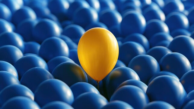 Bright yellow balloon standing out among many blue balloons in a sea of colorful round shapes symbolizing uniqueness and individuality in crowd