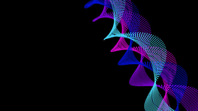 Abstract blue purple particle dna helix spiral background. Glowing digital dot wave line backdrop. Modern dark futuristic tech pattern.