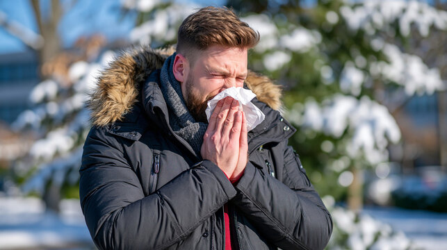 Young American man in a modern winter coat sneezing into a tissue outdoors, snow-covered trees creating a soft blurred background, relatable cold and flu symptoms, seasonal healthcare, immune health