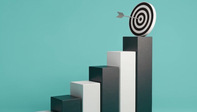 A 3 d rendering of a bar graph with ascending bars and a dart in a target