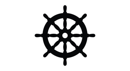 A black silhouette of a ship s wheel stands out against a plain white background © SHAH