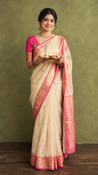 Woman holding puja thali in elegant traditional saree during durga puja navratri diwali festival representing devotion culture spirituality and graceful religious celebration