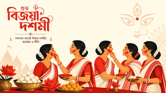 Bijoya Dashami Greeting with Women in Saree Offering Sweets