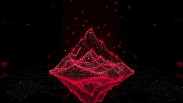 Red wireframe mountain landscape. Digital illustration shows glowing peaks, valleys, data points. Dark background enhances visual impact.