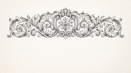 Ornate vintage baroque floral flourish design featuring intricate symmetrical line art scrollwork and delicate botanical elements displayed against clean aged paper background texture © A.K .Studio