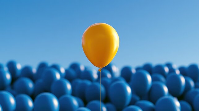 Single bright yellow balloon standing out among many blue balloons on clear sky background concept of uniqueness and individuality
