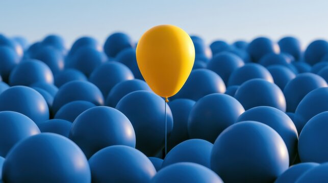 Single yellow balloon standing out among many blue balloons symbolizing uniqueness and individuality in a crowded environment