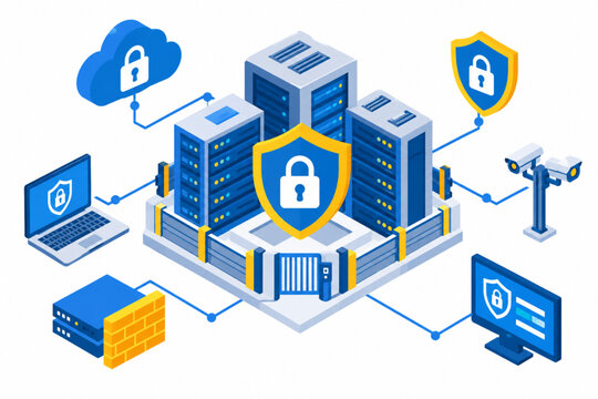 Isometric Cybersecurity Infrastructure with Servers, Shield and Lock Icons
