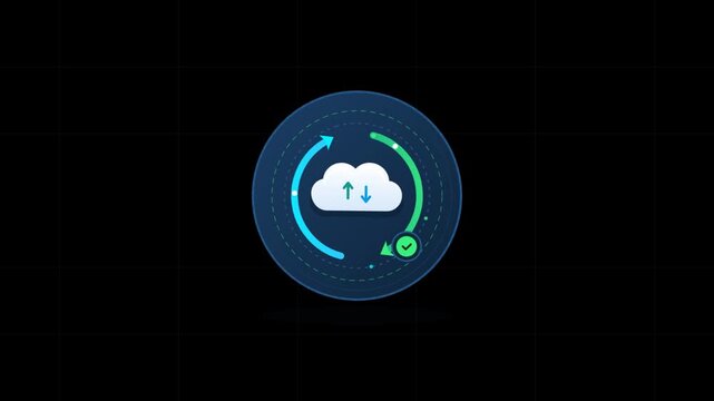 Cloud computing and data synchronization concept illustration with glowing arrows and cloud icon on dark background, representing secure online backup, file transfer, and digital storage services.