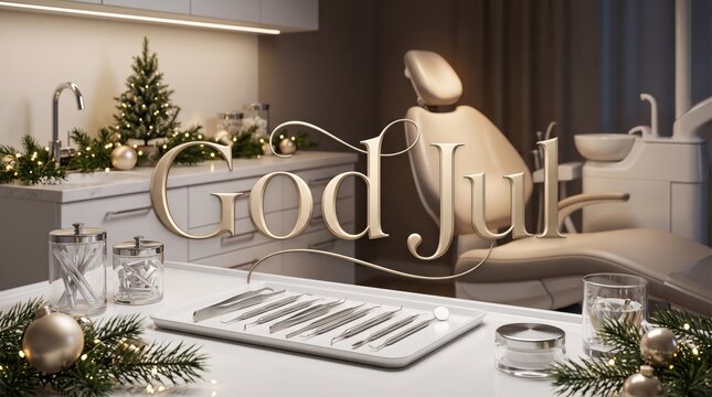 Ultra-realistic Swedish Christmas greeting card featuring luxurious &ldquo;God Jul&rdquo; champagne-gold typography in an elegant Scandinavian dental clinic decorated with Nordic greenery, refined instruments and