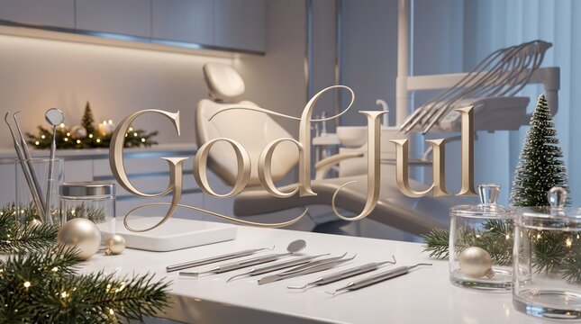 Ultra-realistic Swedish Christmas greeting card featuring luxurious &ldquo;God Jul&rdquo; champagne-gold typography in an elegant Scandinavian dental clinic decorated with Nordic greenery, refined instruments and