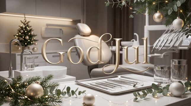 Ultra-realistic Swedish Christmas greeting card featuring luxurious &ldquo;God Jul&rdquo; champagne-gold typography in an elegant Scandinavian dental clinic decorated with Nordic greenery, refined instruments and