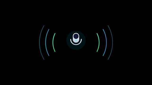 Smart voice assistant interface with glowing microphone icon and animated sound waves for digital communication technology and artificial intelligence concept on black background
