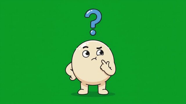 Bewildered character with a question mark floating above its head, contemplating a difficult decision on a vibrant green background.