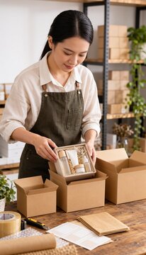 化粧品ギフトを段ボールに詰める女性の縦長梱包イメージ