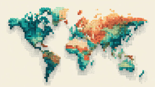 청록과 주황색 대비의 픽셀 세계지도 일러스트, Teal and orange contrast pixel world map