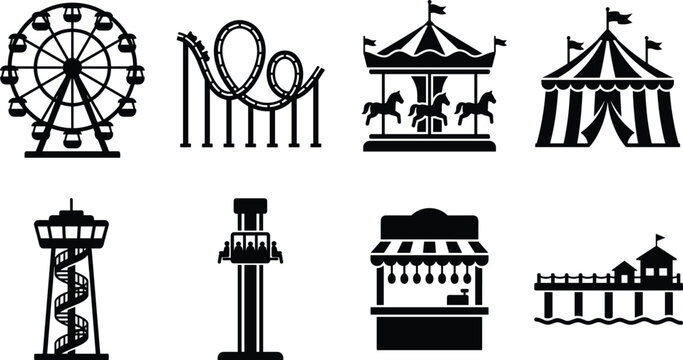Silhouette icons of amusement park attractions ferris wheel roller coaster carousel circus tent observation tower drop tower concession stand pier