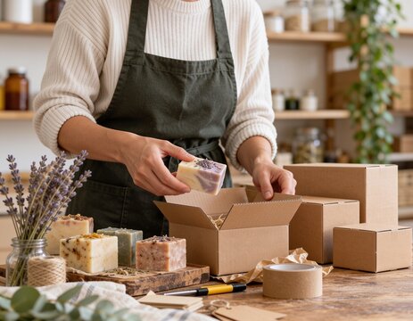 自然素材の石けんをクラフト箱に梱包する小規模事業