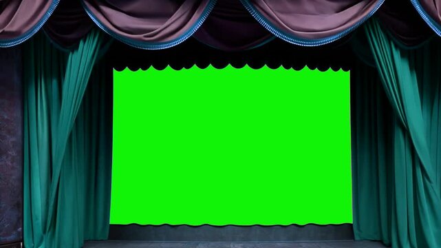 Green screen vintage theater frame features carved arch details, side ornament, and gathered curtains around a small central stage opening for compositing. Built for motion graphics and trailers.