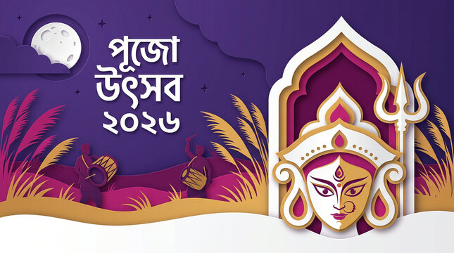 Durga Puja Paper Cut Banner with Goddess Durga Face and Pujo Utsav 2026